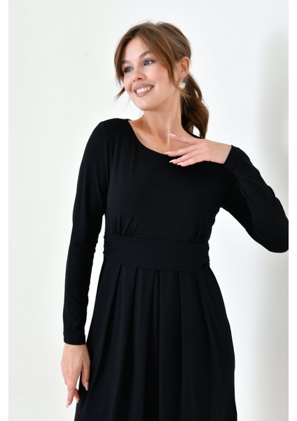 Kadın Uzun Kol Emzirme Detaylı Tesettüre Uygun Viskon Rahat Şık Midi Hamile Elbisesi modelleri