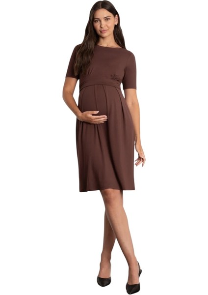 Kadın Kısa Kol Emzirme Detaylı Tesettüre Uygun Viskon Rahat Şık Midi Hamile Elbisesi