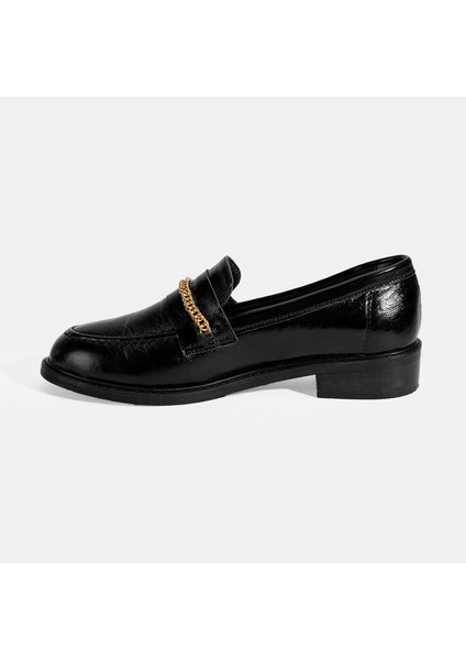 Kadın Siyah Zincir Aksesuarlı Deri Loafer modelleri