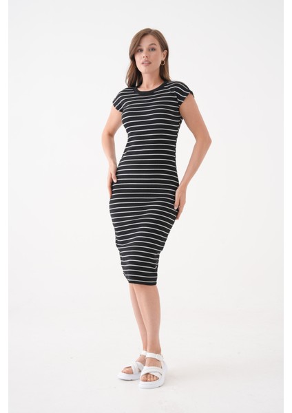 Kadın Çizgili Kolsuz Spor Şık Siyah Kaşkorse Pamuk Yazlık Elbise