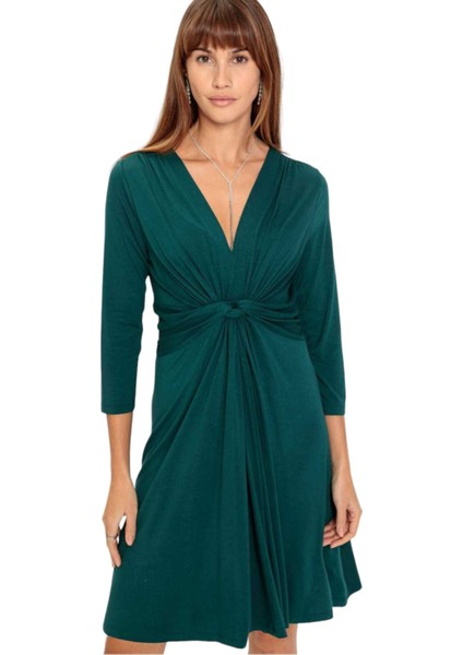 Kadın Önden Düğümlü V Yaka Spor Şık Truvakar Kol Casual Curve Hamile Elbisesi