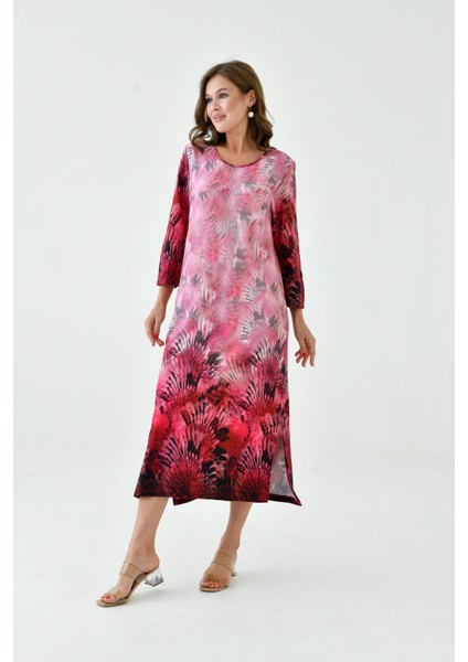 Kadın Truvakar Kol Desenli Midi Boy Büyük Beden Curve Gecelik Yırtmaçlı Pamuk Elbise