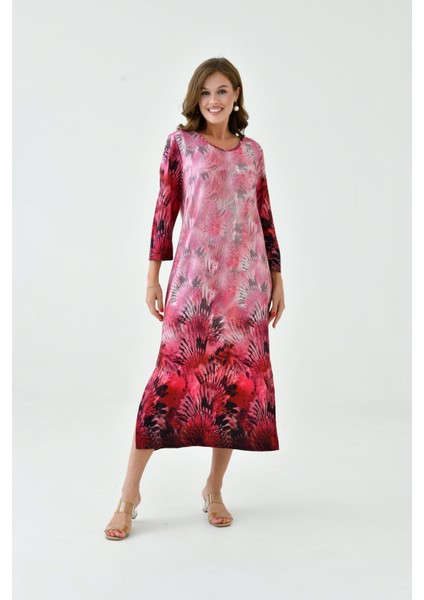 Kadın Truvakar Kol Desenli Midi Boy Büyük Beden Curve Gecelik Yırtmaçlı Pamuk Elbise fiyatları