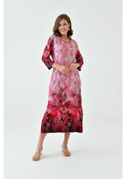 Kadın Truvakar Kol Desenli Midi Boy Büyük Beden Curve Gecelik Yırtmaçlı Pamuk Elbise modelleri