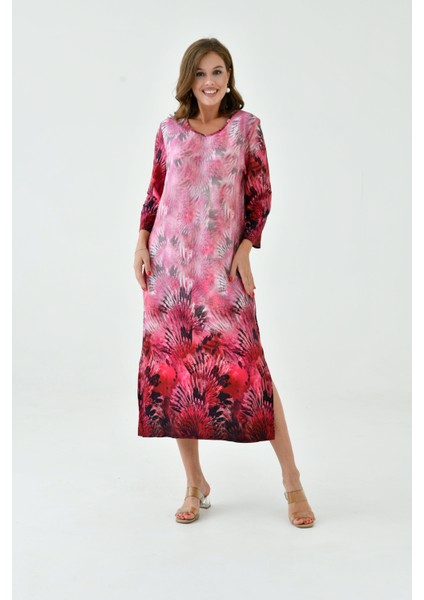 Kadın Truvakar Kol Desenli Midi Boy Büyük Beden Curve Gecelik Yırtmaçlı Pamuk Elbise indirimleri
