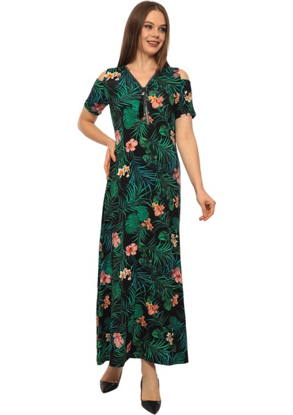 Kadın Yaka Taşlı Fermuarlı Spor Şık Maxi Boy Viskon Siyah Yeşil Curve Elbise