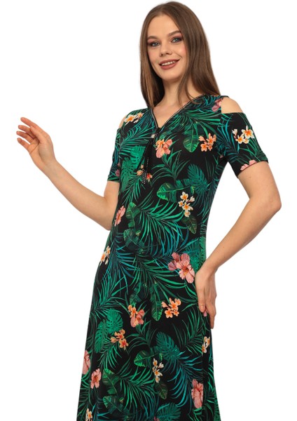 Kadın Yaka Taşlı Fermuarlı Spor Şık Maxi Boy Viskon Siyah Yeşil Curve Elbise fiyatları