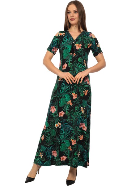 Kadın Yaka Taşlı Fermuarlı Spor Şık Maxi Boy Viskon Siyah Yeşil Curve Elbise modelleri