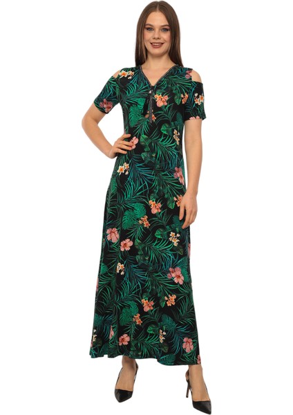 Kadın Yaka Taşlı Fermuarlı Spor Şık Maxi Boy Viskon Siyah Yeşil Curve Elbise fırsatları