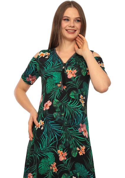 Kadın Yaka Taşlı Fermuarlı Spor Şık Maxi Boy Viskon Siyah Yeşil Curve Elbise indirimleri