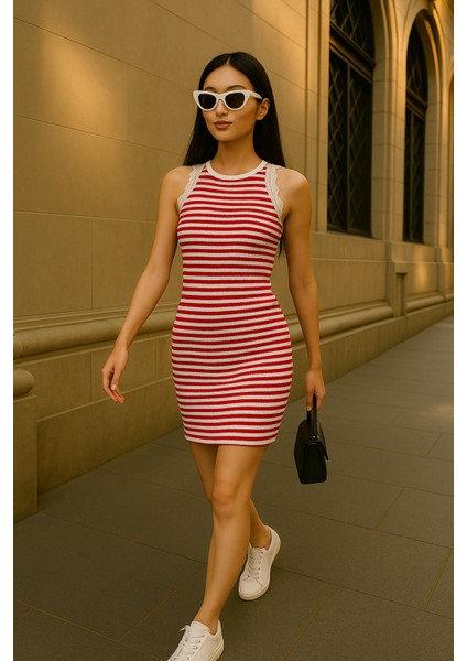 Kadın Halter Yaka Yakası Dantelli Spor Şık Yazlık Mini Elbise