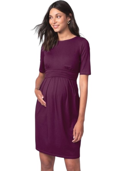 Kadın Kısa Kol Emzirme Detaylı Tesettüre Uygun Viskon Rahat Şık Midi Hamile Elbisesi