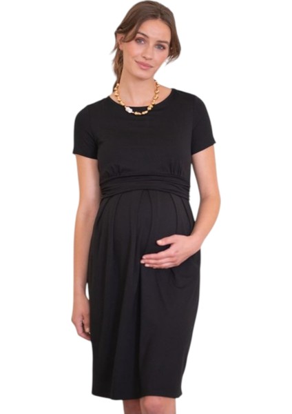 Kadın Kısa Kol Emzirme Detaylı Tesettüre Uygun Viskon Rahat Şık Midi Hamile Elbisesi
