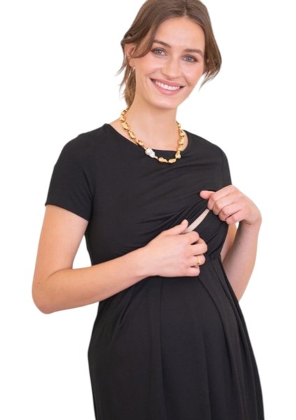 Kadın Kısa Kol Emzirme Detaylı Tesettüre Uygun Viskon Rahat Şık Midi Hamile Elbisesi fırsatları