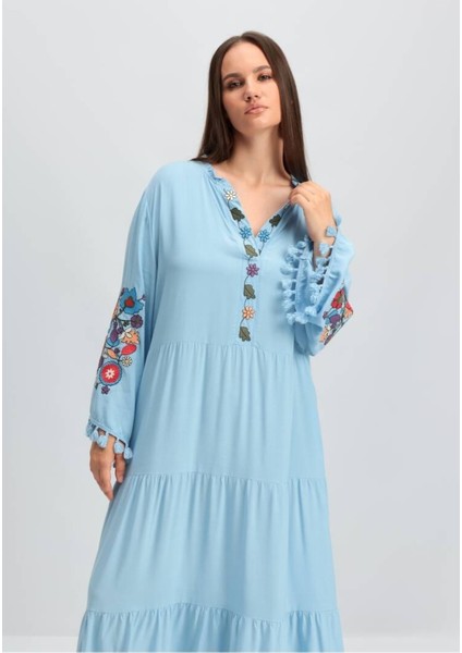 Kadın V Yaka Uzun Kol Çiçek Nakışlı Tesettüre Uygun Curve Büyük Beden Maxi Elbise fiyatları