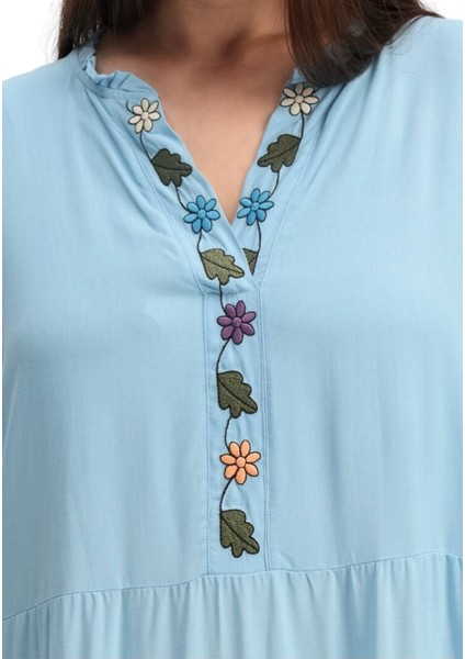 Kadın V Yaka Uzun Kol Çiçek Nakışlı Tesettüre Uygun Curve Büyük Beden Maxi Elbise fırsatları