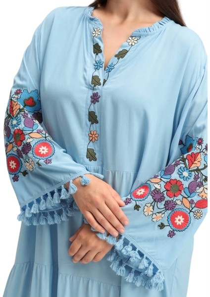 Kadın V Yaka Uzun Kol Çiçek Nakışlı Tesettüre Uygun Curve Büyük Beden Maxi Elbise indirimleri