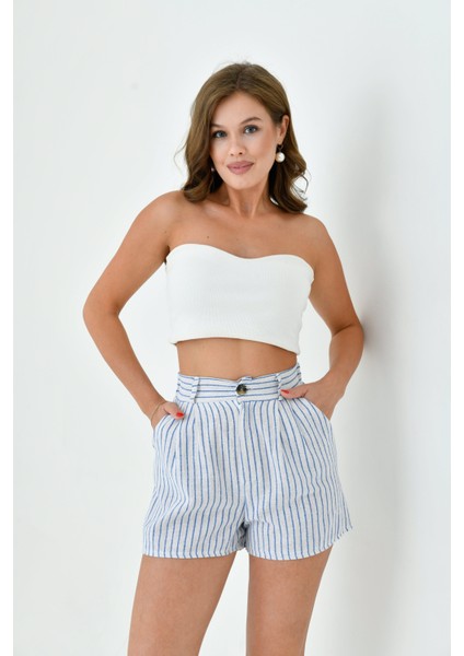 Kadın Pamuk Keten Çizgili ve Dokulu Baharlık Spor Şık Keten Şort