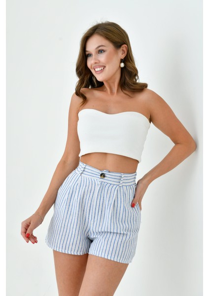 Kadın Pamuk Keten Çizgili ve Dokulu Baharlık Spor Şık Keten Şort fiyatları