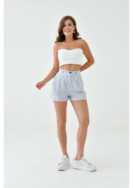 Kadın Pamuk Keten Çizgili ve Dokulu Baharlık Spor Şık Keten Şort fırsatları