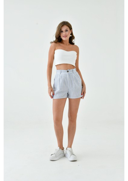Kadın Pamuk Keten Çizgili ve Dokulu Baharlık Spor Şık Keten Şort indirimleri