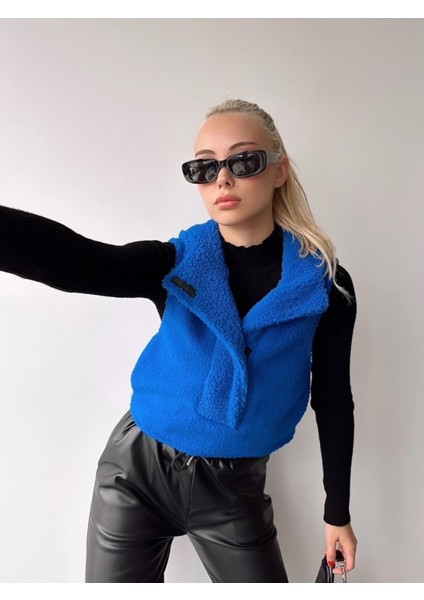 Kadın Kapüşonlu Cepli Tasarım Yaka Spor Şık Saks Peluş Yelek