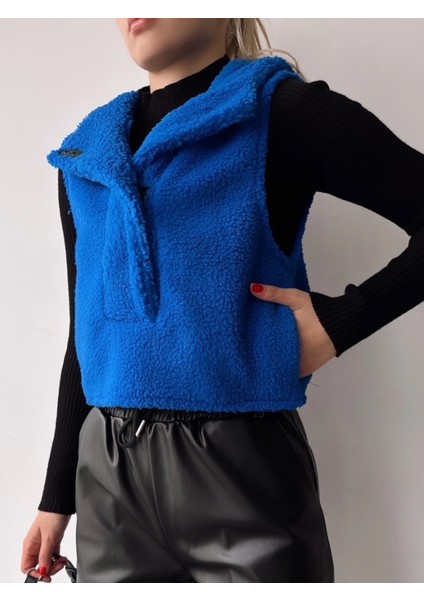 Kadın Kapüşonlu Cepli Tasarım Yaka Spor Şık Saks Peluş Yelek fiyatları