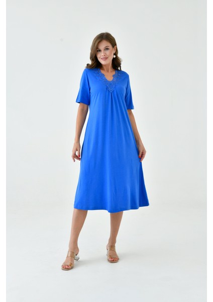 Kadın Yakası Güpürlü A Kesim Yarım Kol Viskon Günlük Midi Boy Büyük Beden Elbise Gecelik