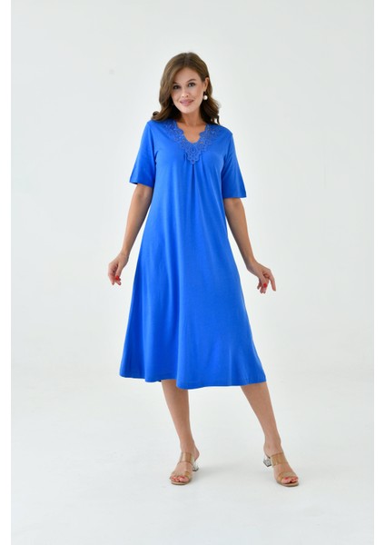Kadın Yakası Güpürlü A Kesim Yarım Kol Viskon Günlük Midi Boy Büyük Beden Elbise Gecelik fiyatları