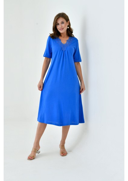 Kadın Yakası Güpürlü A Kesim Yarım Kol Viskon Günlük Midi Boy Büyük Beden Elbise Gecelik fırsatları