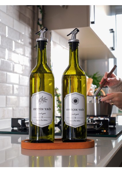 Ahşap Standlı 2'li Yağ ve Sirke Şişesi 750 ml Zeytinyağ Sıvıyağ Şişesi Dekoratif Yağdanlık Yağlık