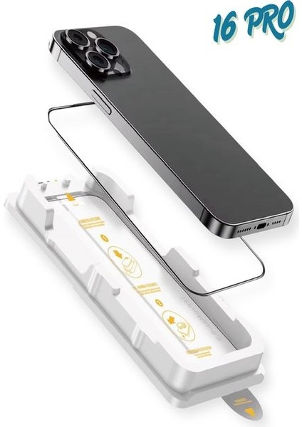 iPhone 16 Pro Kırılmaz Cam Ekran Koruyucu, Uygulama Standlı, Tam Uyum, Hd, Çizilmez, Iz Bırakmaz