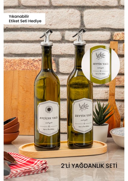 Ahşap Stantlı 2'li Yağ Şişesi - Zeytinyağı Sıvıyağ Şişesi - Dekoratif Yağdanlık Yağlık 750 ml