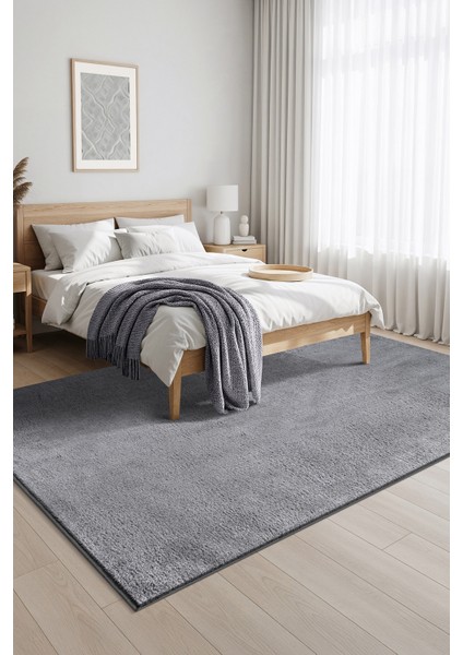 Yıkanabilir Kaymaz Taban Gri Renk Peluş Post Halı