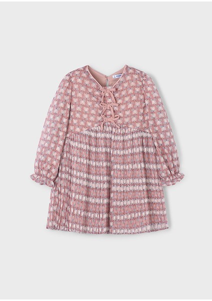 Kız Çocuk Uzun Kollu Pembe Tül Elbise (4-10 Yaş) – Çiçek Desenli, Pamuk Astarlı, Kurdele Detaylı