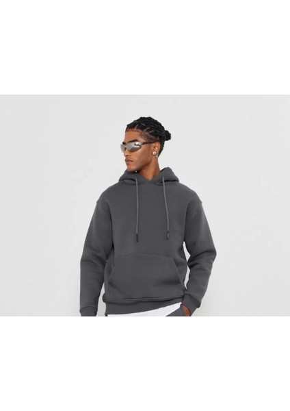 Unisex Oversize Gri 3 Iplik Kanguru Kapüşonlu Sweatshirt