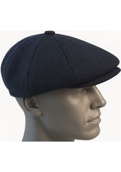 Erkek Kışlık Kaşe Kumaş Düğmeli Balık Sırtı Desenli Kasket Şapka (Newsboy Cap)