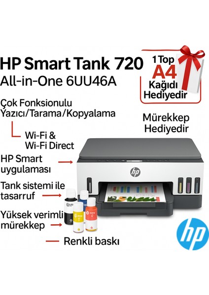 Smart Tank 720 All-In-One, Baskı, Tarama, Kopyalama, Kablosuz, Pdf'ye Tarama Yazıcı