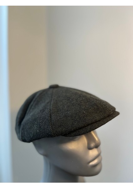Erkek Kışlık Kaşe Kumaş Düğmeli Balık Sırtı Desenli Kasket Şapka (Newsboy Cap)
