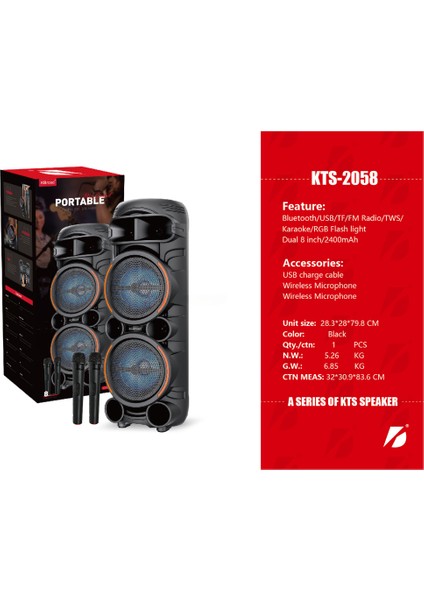 KTS-2058 Siyah Çift Mikrofonlu Rgb Ledli Taşınabilir Bluetooth Hoparlör Parti Speaker 30 W Rms fiyatları