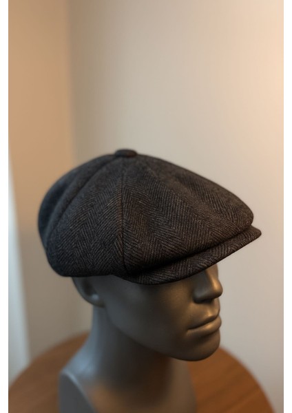 Erkek Kışlık Kaşe Kumaş Düğmeli Balık Sırtı Desenli Kasket Şapka (Newsboy Cap)