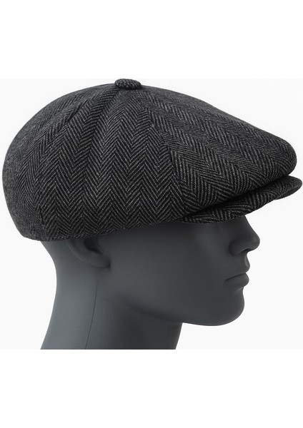 Erkek Kışlık Kaşe Kumaş Düğmeli Balık Sırtı Desenli Kasket Şapka (Newsboy Cap)