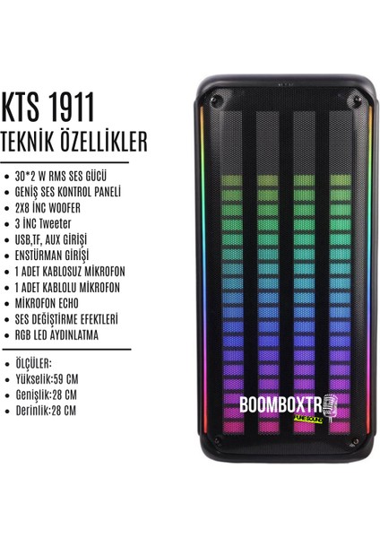 Kts 1911 Taşınabilir Bluetooth Parti Hoparlörü | 60W Rms | 2x8” Woofer + Tweeter | Rgb | Mikrofonlu fırsatları