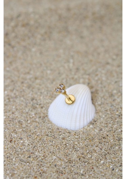 Piercing Cerrahi Çelik Piercing Zirkon Taşlı Kıkırdak Tragus Conch Helix Gold Renk Üç Taşlı Labret