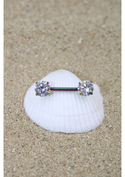 Piercing Nipple Meme Ucu Piercing Cerrahi Çelik Zirkon Taşlı Gökkuşağı Renk Taş Çapı 6 mm