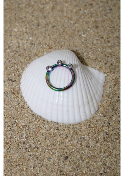 Piercing Cerrahi Çelik Klipsli Zirkon Taşlı Kıkırdak Septum Tragus Conch Gökkuşağı Renk Üç Taş