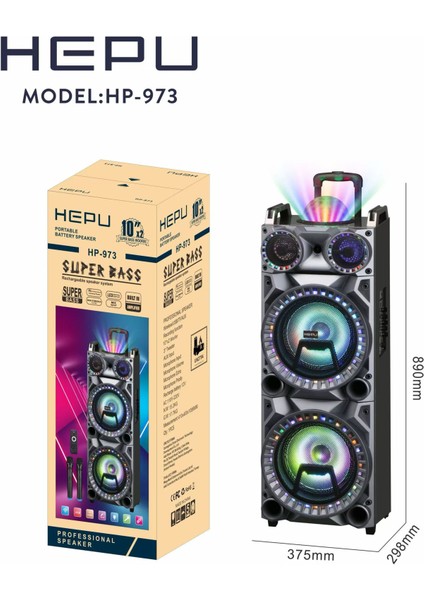 HP-973 Bluetooth Süper Bass Parti Hoparlör – 2X10” Woofer, Rgb Işık, Kablosuz Mikrofon, Şarjlı modelleri