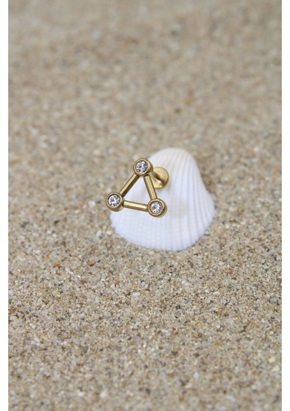 Piercing Cerrahi Çelik Piercing Zirkon Taşlı Kıkırdak Tragus Conch Helix Gold Renk Üç Taş Üçgen