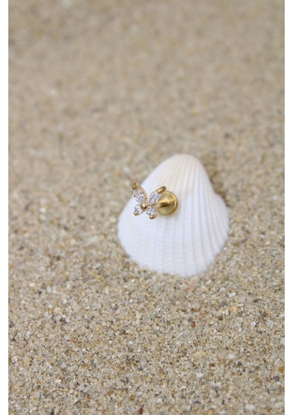 Piercing Cerrahi Çelik Piercing Zirkon Taşlı Kıkırdak Tragus Conch Helix Gold Renk Taşlı Kelebek