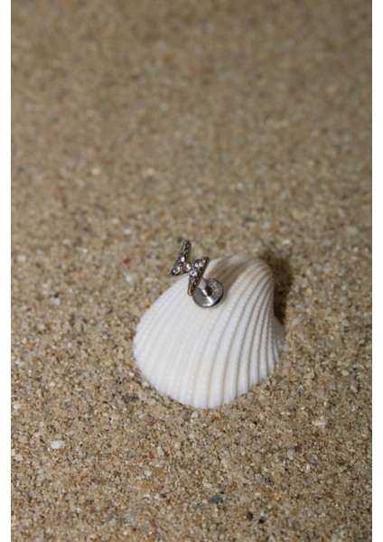 Piercing Cerrahi Çelik Piercing Zirkon Taşlı Kıkırdak Tragus Conch Helix Silver Renk Şimşek Labret